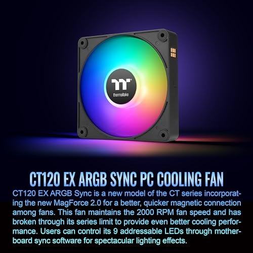 Thermaltake CT120 EX ARGB Sync PC Cooling Fan (3-Fan Pack), Magnetic Connection, 5V Motherboard Sync, 16.8 Million Colors 9 Addressable LEDs, 120