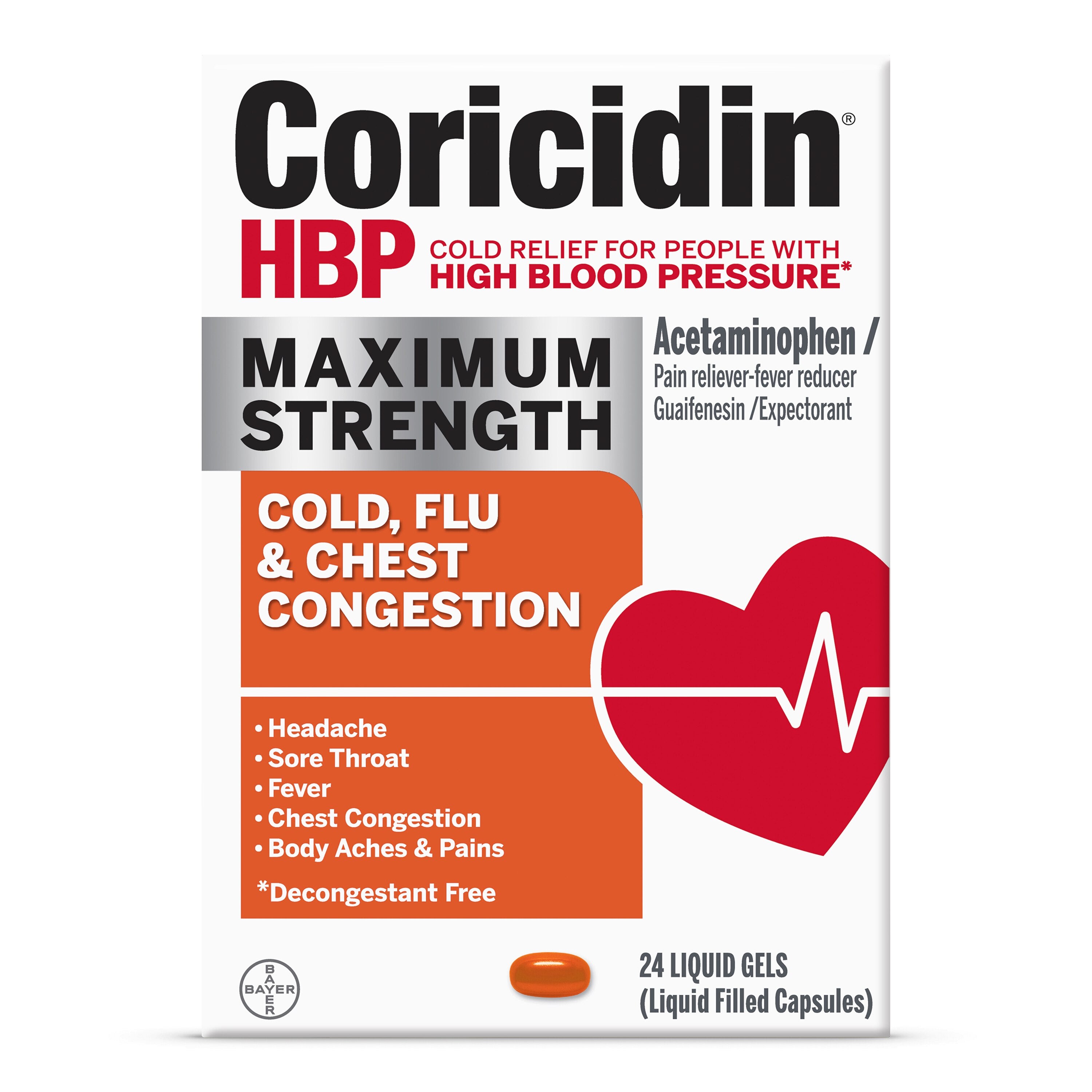 Coricidin HBP Maximum Strength Cold  Cough & Flu Medicine  Liquid Gels  24 Ct
