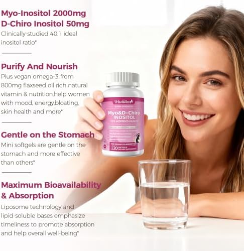 Mulittea Liposomal Myo-Inositol & D-Chiro Inositol Supplement for Women - 40:1 Ratio Plus Omega-3 - Hormone Balance, Support Ovarian, Help Menstrual Cycles & Mood - Vegan 120 Softgels
