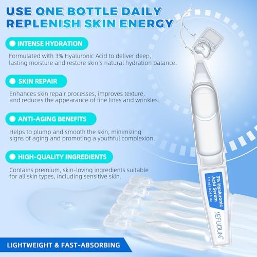 3% Pure Hyaluronic Acid Face Serum, Ultra-Hydrating Vials, 24 Hour Hydrate & Reduce Wrinkles, Anti Aging Serum,Moisturizer for Dry & Sensitive Skin(1.2 fl.oz/30pcs)