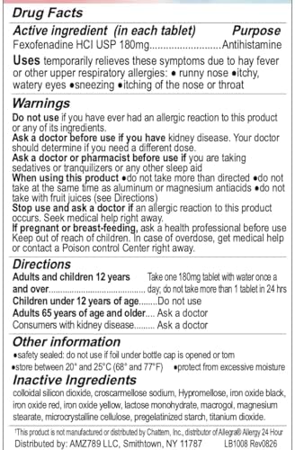 RxZell Non-Drowsy, 24hr Allergy Relief, Fexofenadine HCl 180mg, 30 Tablets