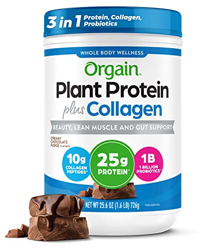 Orgain Plant Protein + Collagen Powder, Creamy Chocolate Fudge, 1.6lb (15 Servings)