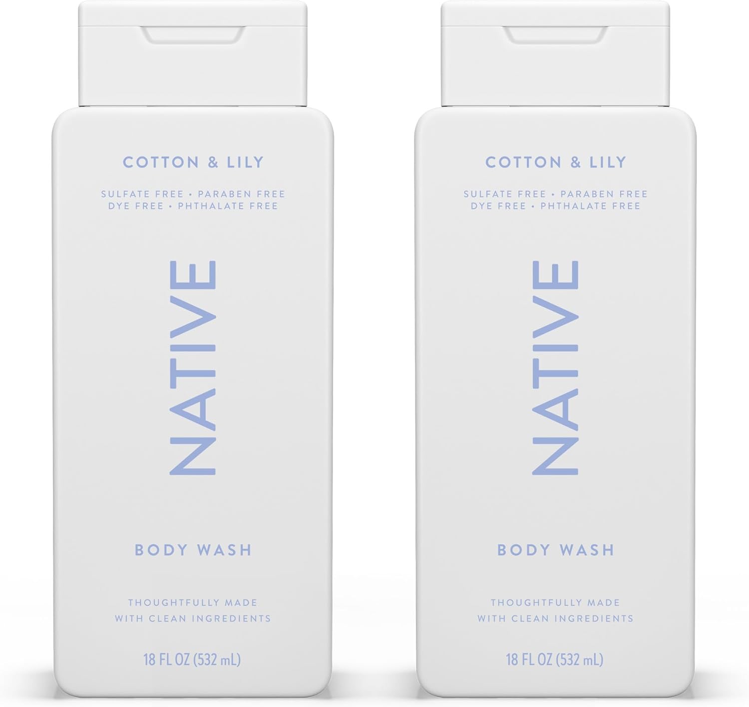 Native Body Wash with Naturally Derived Ingredients Sulfate, Paraben, & Dye Free - Cotton & Lily 18oz, 2 Pack