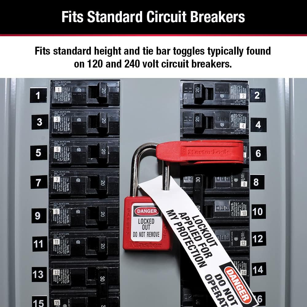 Master Lock Red Electrical Box Circuit Breaker Lockout, Tagout Breaker Box Lock for Standard Single and Double Toggles, 493B, 24 Amps