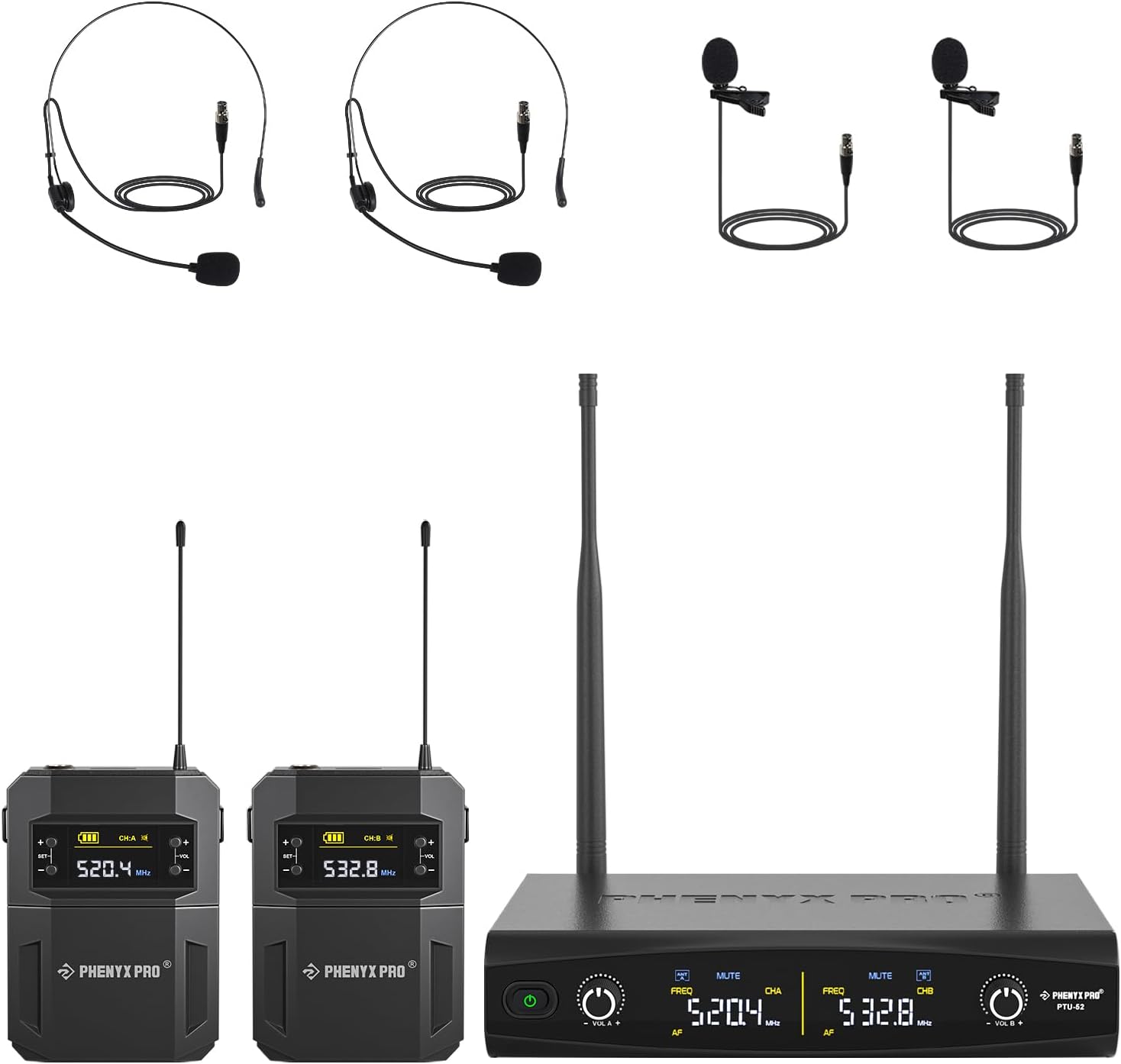 Phenyx Pro UHF Wireless Microphone System 2x30 Tunable Frequencies (PTU-52-2B)