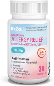 RxZell Non-Drowsy, 24hr Allergy Relief, Fexofenadine HCl 180mg, 30 Tablets