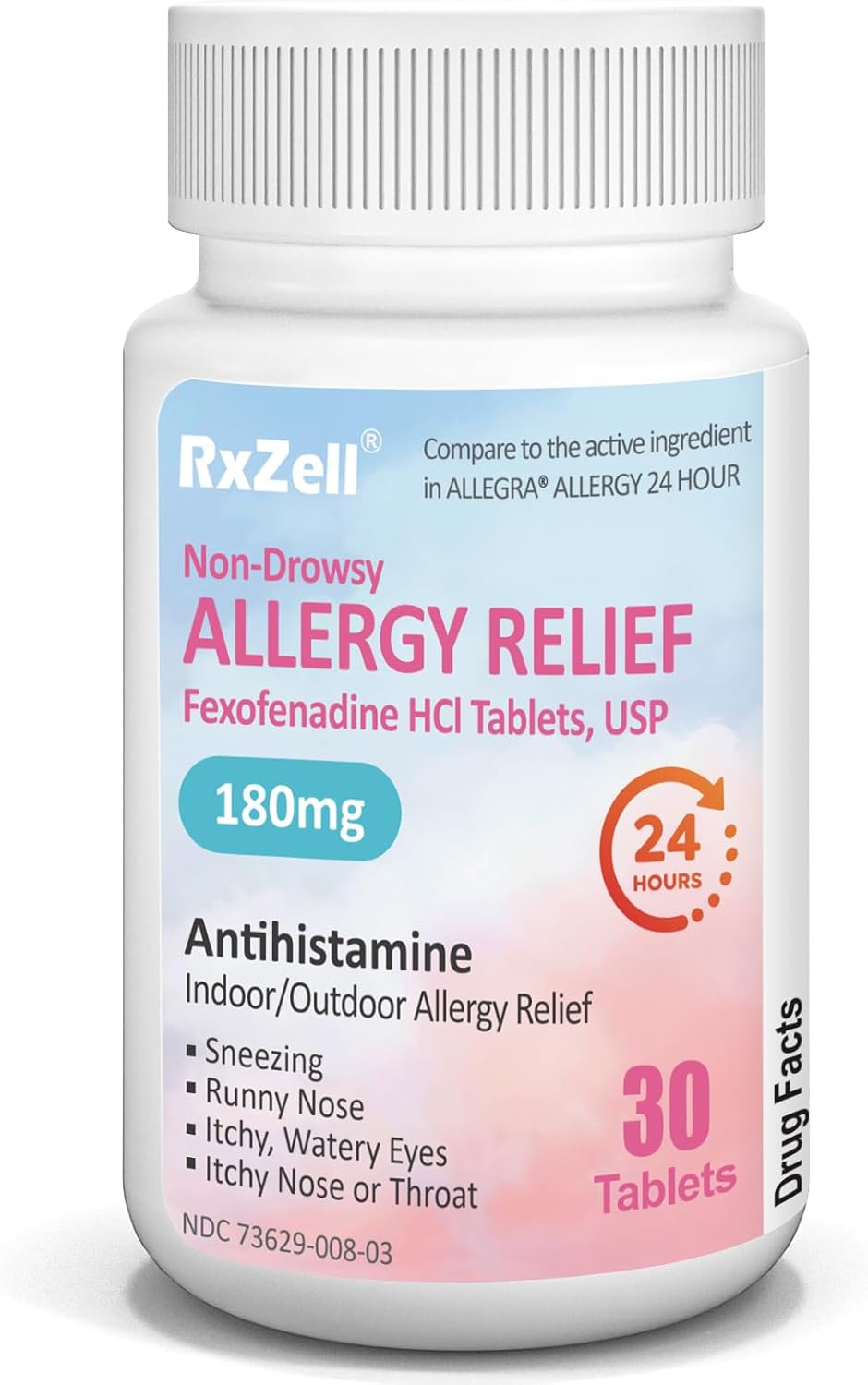 RxZell Non-Drowsy, 24hr Allergy Relief, Fexofenadine HCl 180mg, 30 Tablets