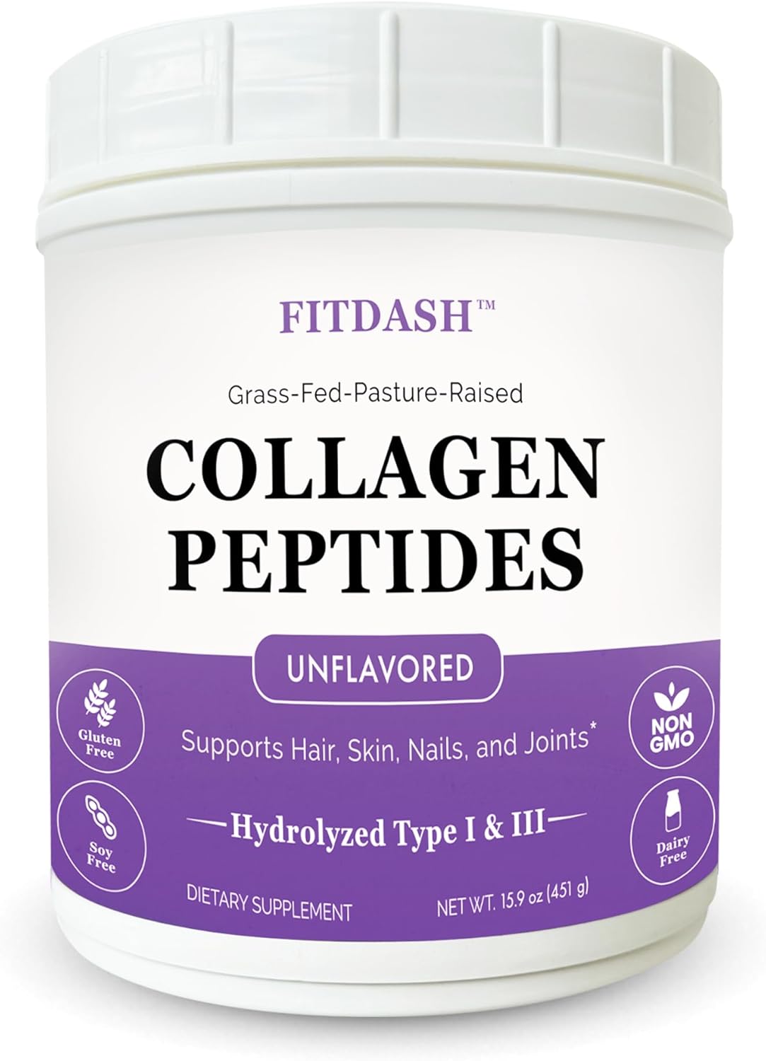 FitDash Hydrolyzed Collagen Peptides Powder Type I and III, Unflavored - 41 Servings/15.9 oz