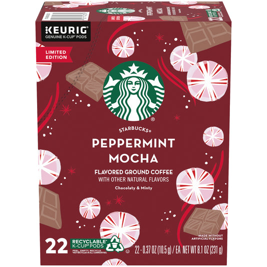 Starbucks K-Cup Coffee Pods  Peppermint Mocha Naturally Flavored Coffee  1 Box (22 Pods)