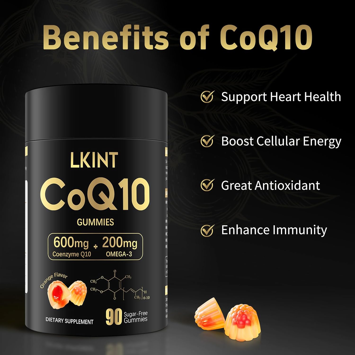 CoQ10 Gummies, 600mg with Omega 3 & Vitamin E, Sugar-Free Orange Flavor, 90ct