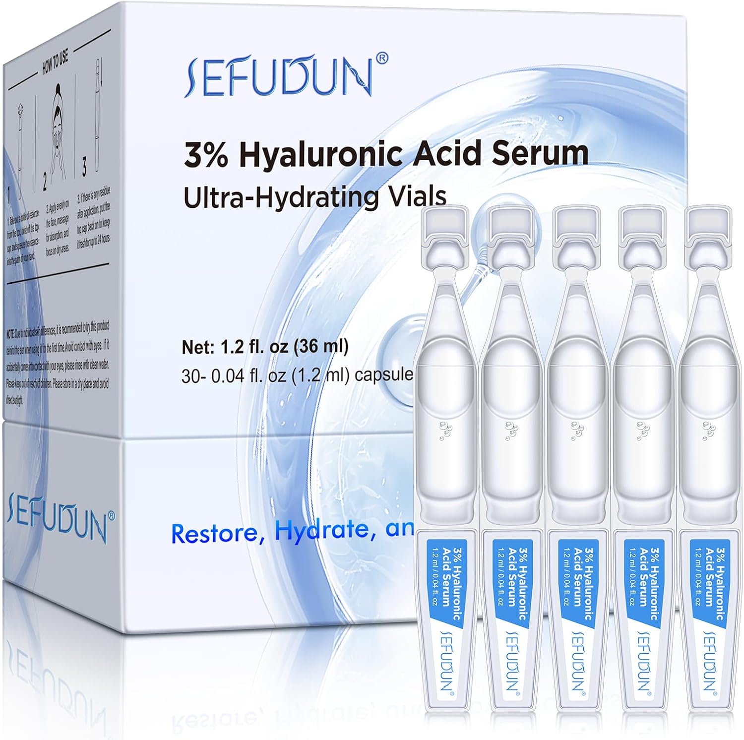 3% Pure Hyaluronic Acid Face Serum, Ultra-Hydrating Vials, 24 Hour Hydrate & Reduce Wrinkles, Anti Aging Serum,Moisturizer for Dry & Sensitive Skin(1.2 fl.oz/30pcs)
