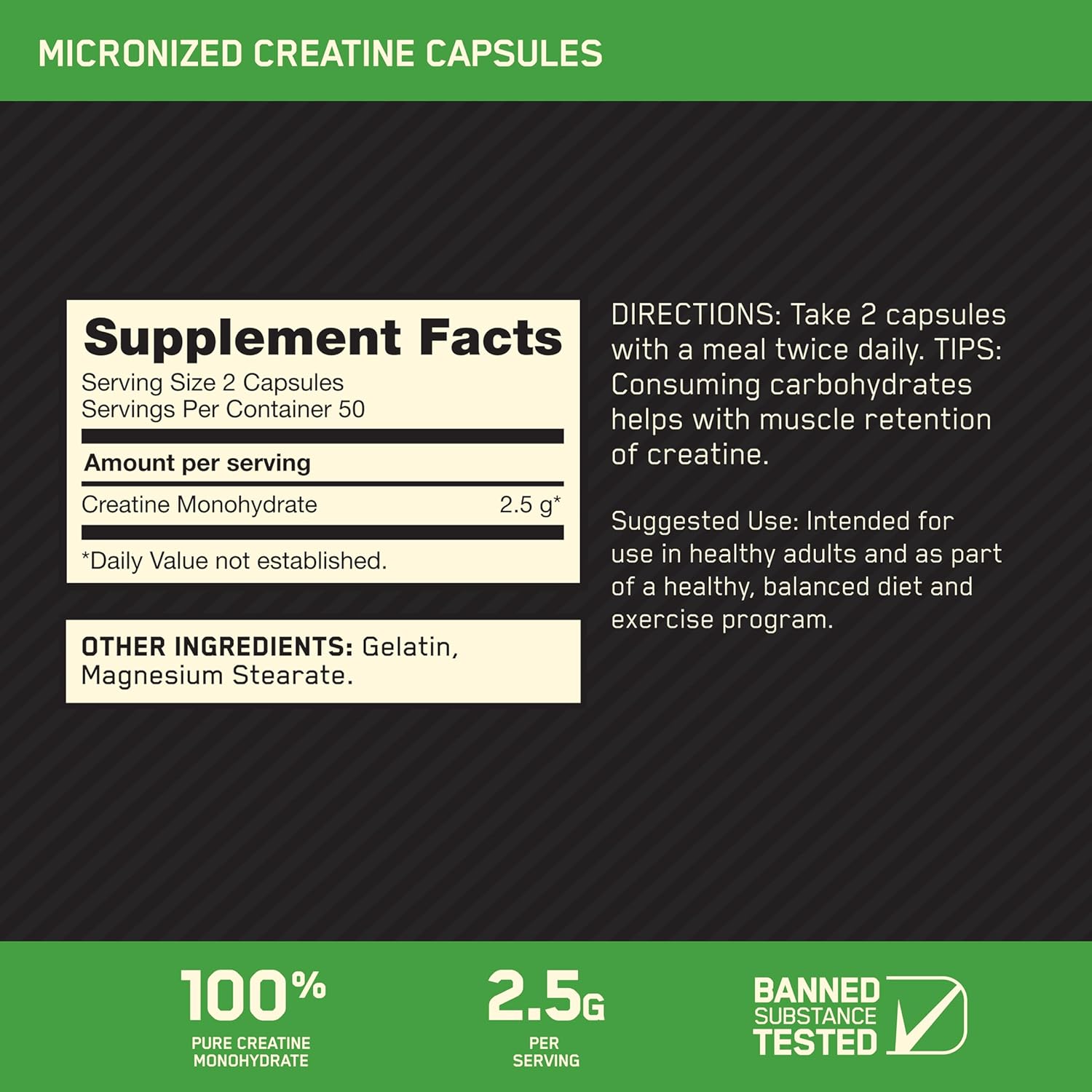 Optimum Nutrition Micronized Creatine Monohydrate Capsules  Keto Friendly  2500mg  100 Capsules