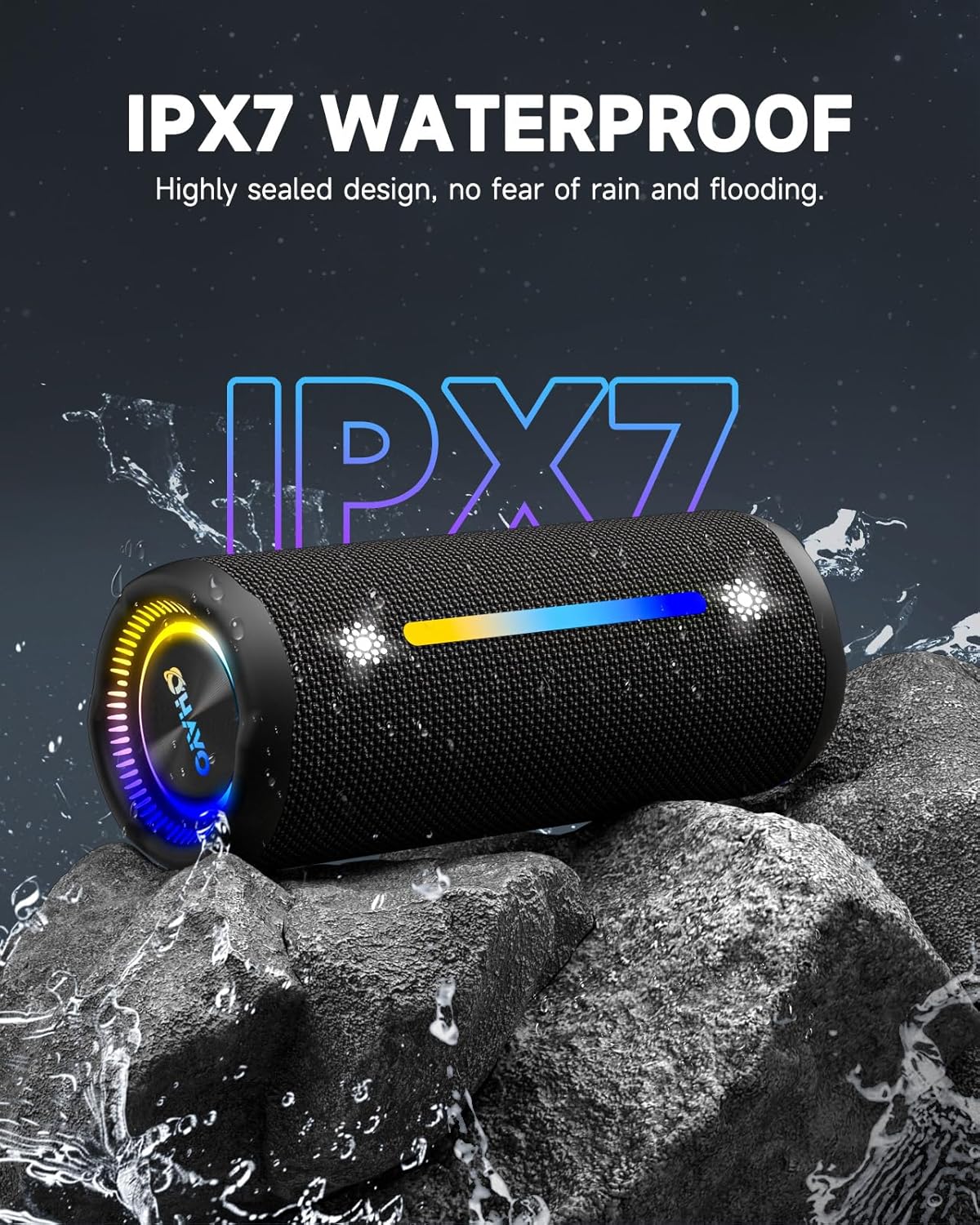 Ohayo X10 MAX Portable Bluetooth Speaker with RGB Lights, IPX7 Waterproof - Glossy Black