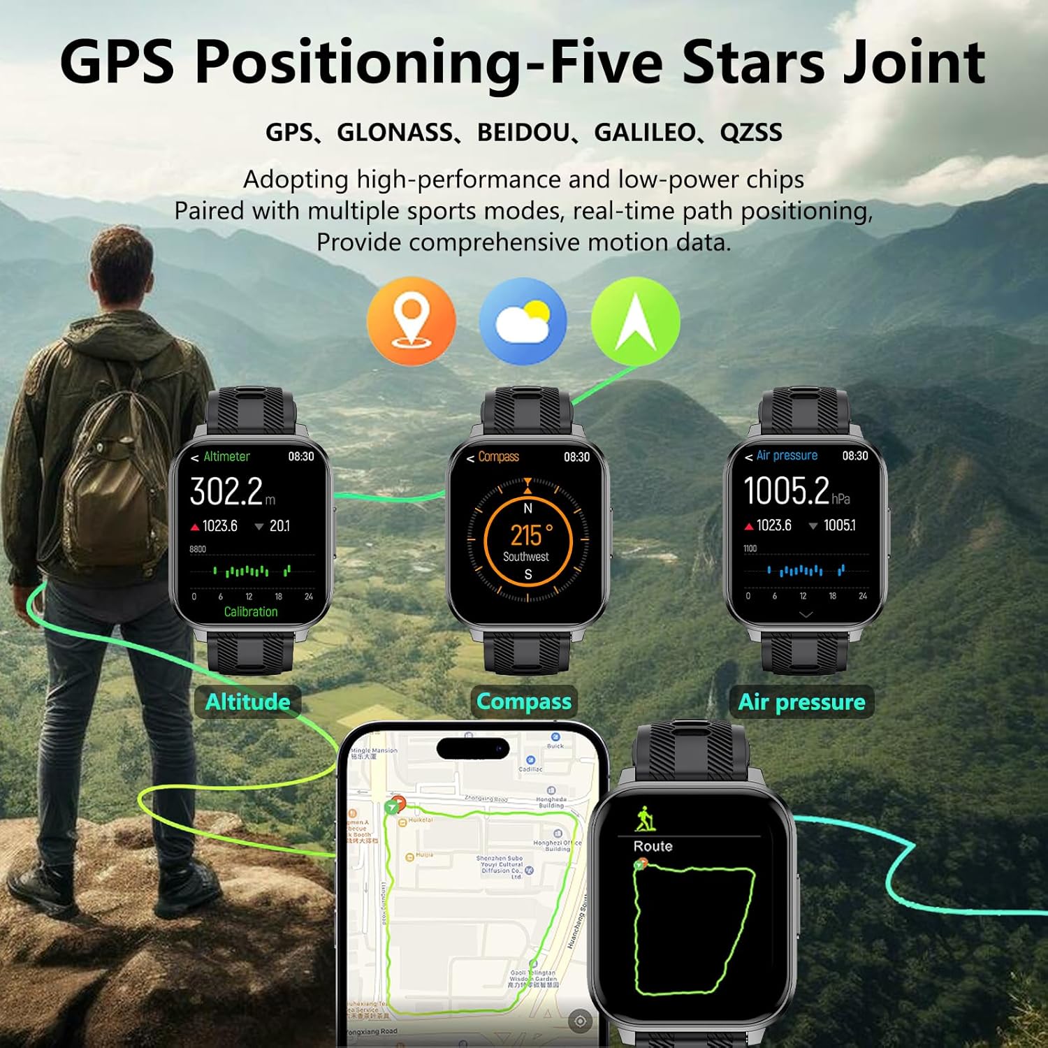 Smart Watch Fitness Tracker with GPS, Ai Functions - Android/iPhone Compatible, Black
