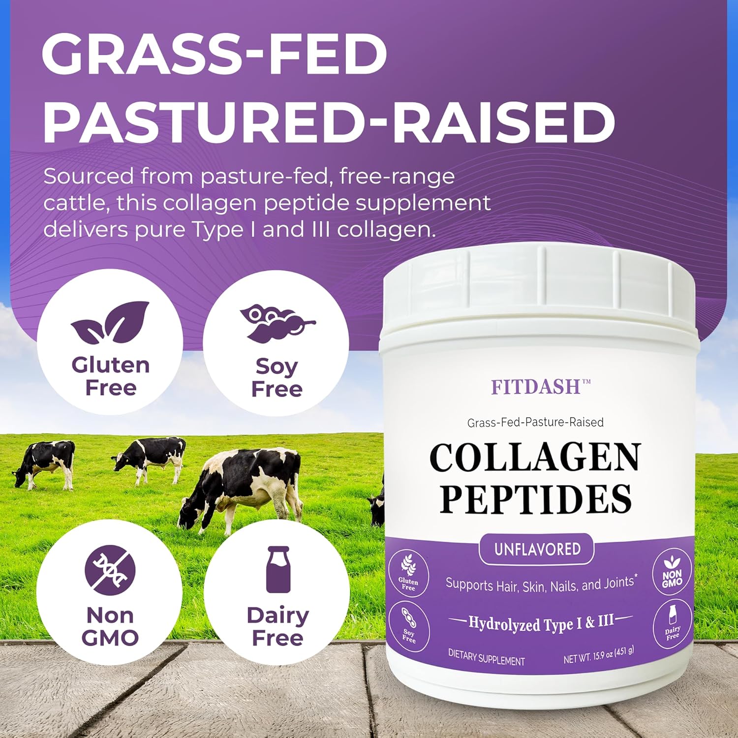 FitDash Hydrolyzed Collagen Peptides Powder Type I and III, Unflavored - 41 Servings/15.9 oz