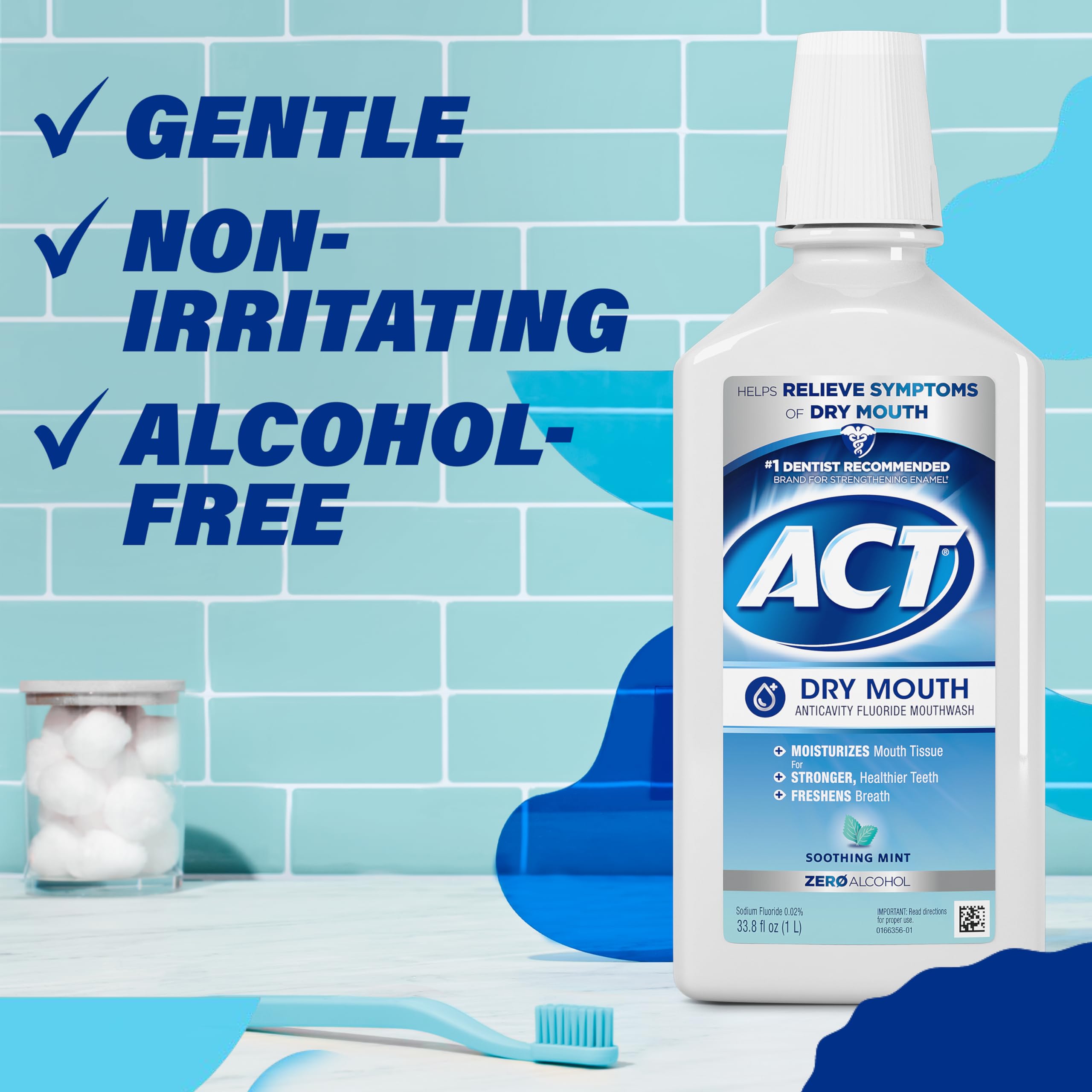 ACT Dry Mouth Anticavity Zero Alcohol Fluoride Mouthwash - Soothing Mint, 33.8 fl. oz.