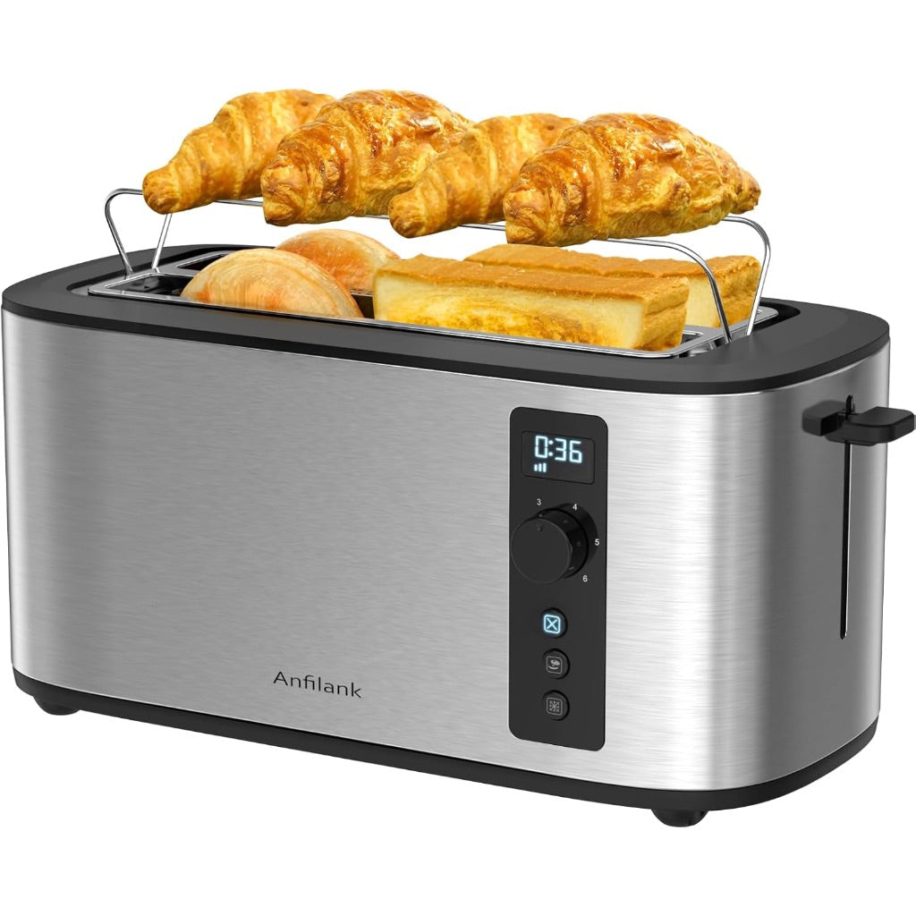 Anfilank 4 Slice Toaster with Countdown Timer, Extra Wide Slots, 6 Browning Settings, Removable Crumb Tray - Stainless Steel