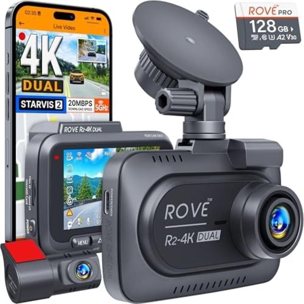 Rove R2-4K Dual Channel Dash Cam Front and Rear, STARVIS 2 Sensor, 128GB Card Included, 5GHz Wi-Fi - Black
