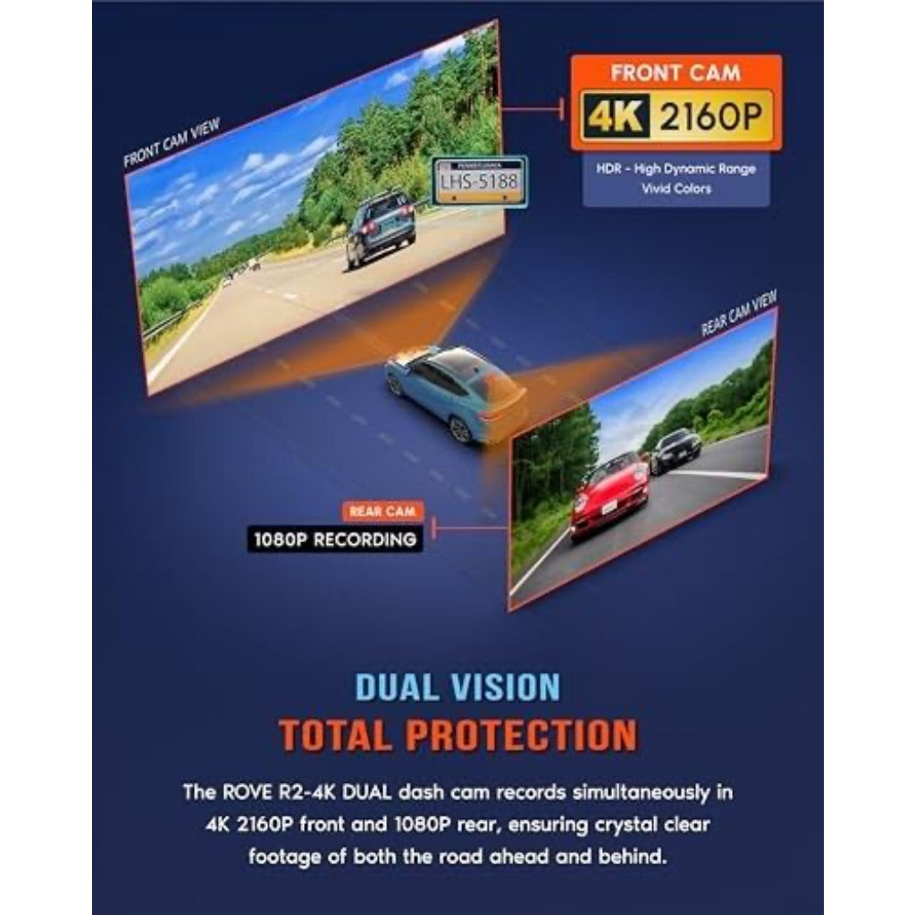 Rove R2-4K Dual Channel Dash Cam Front and Rear, STARVIS 2 Sensor, 128GB Card Included, 5GHz Wi-Fi - Black
