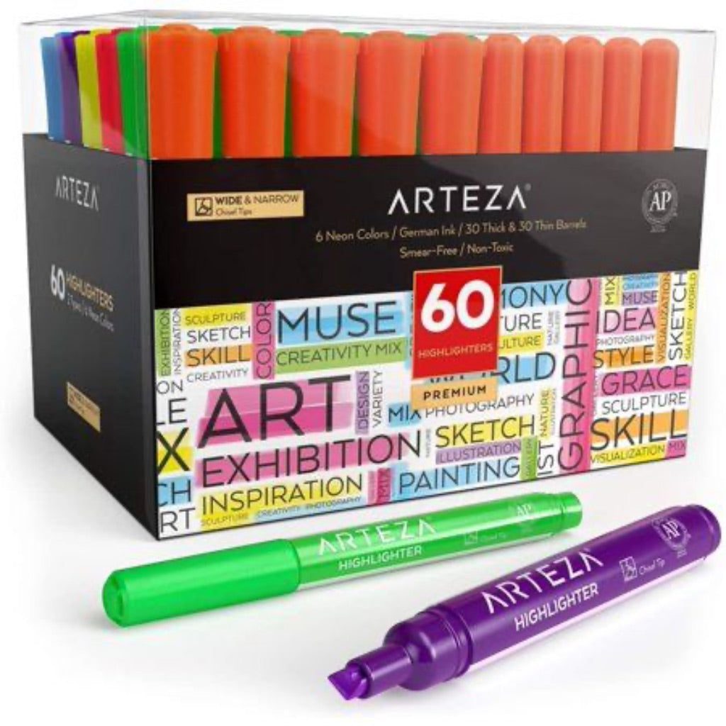 ARTEZA Highlighters Assorted Colors  Set of 60  Wide and Narrow Chisel