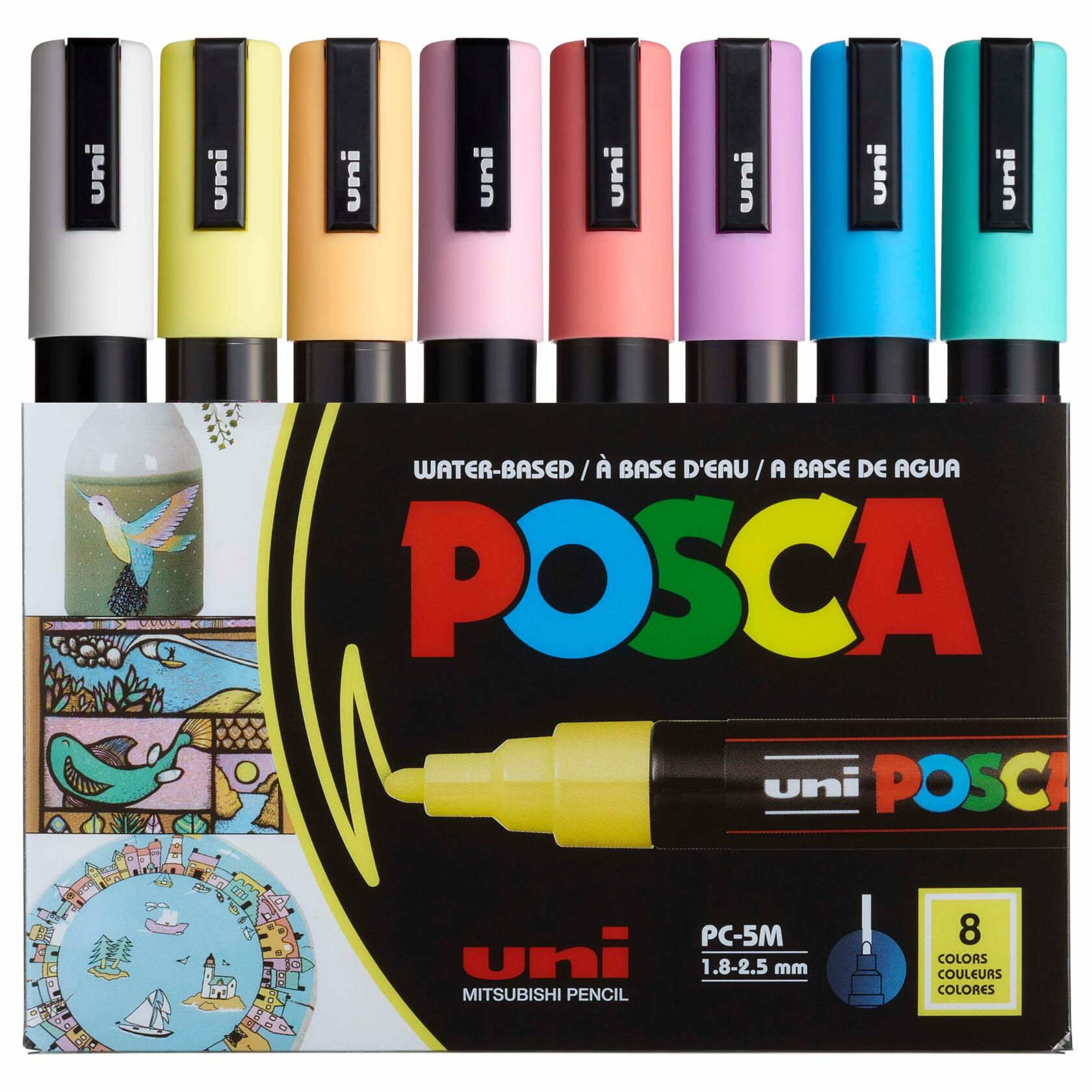 Uni Ball POSCA PC 5M Soft Colors Water Based Paint Markers, Reversible Medium Tip (1.8 2.5mm), Assorted Colors, 8 Count
