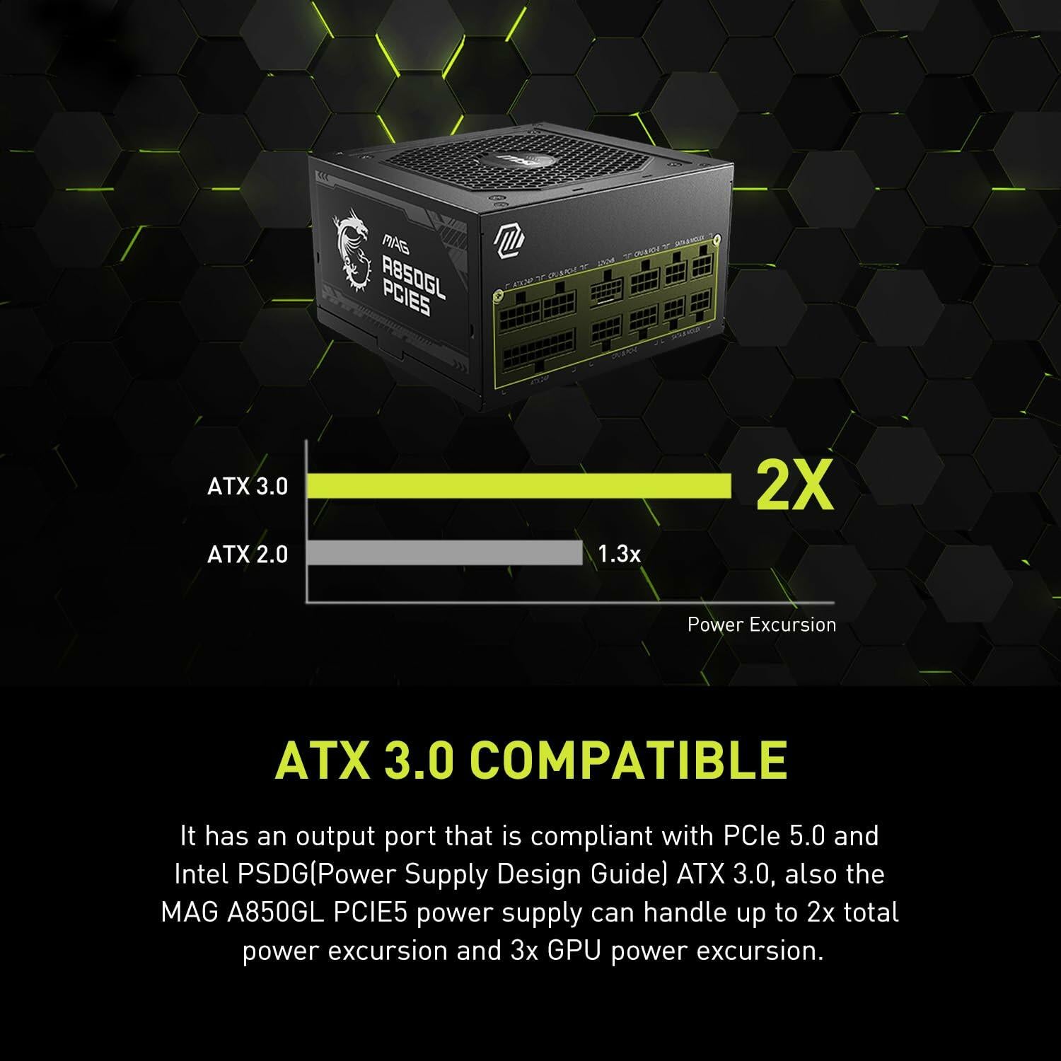 MSI MAG A850GL PCIE 5 80 Plus Gold 850W Fully Modular 12VHPWR Cable ATX 3.0 Power Supply