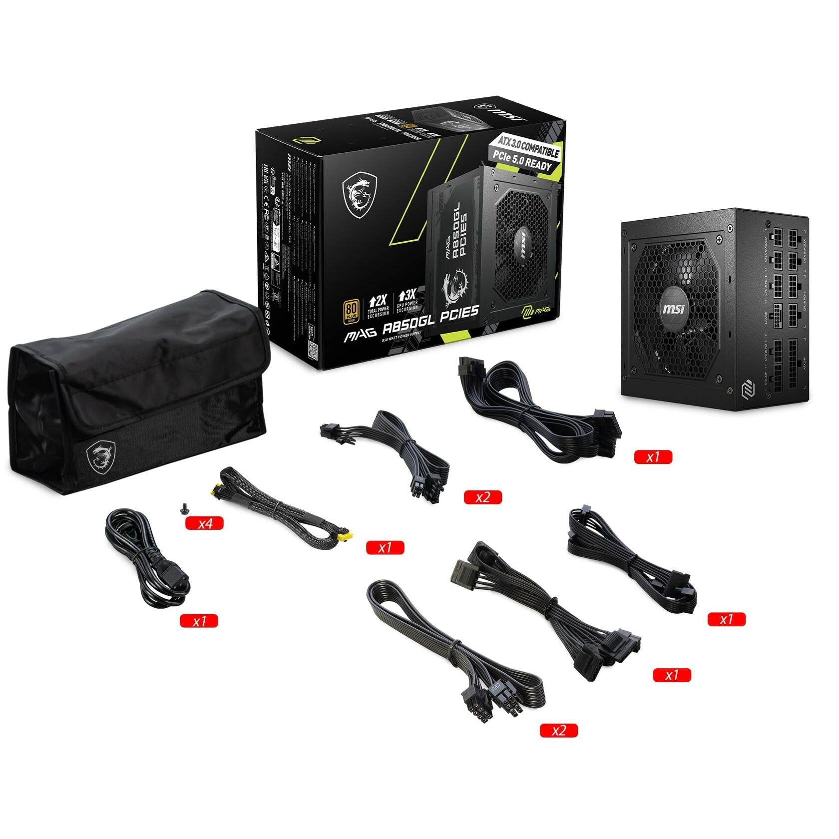 MSI MAG A850GL PCIE 5 80 Plus Gold 850W Fully Modular 12VHPWR Cable ATX 3.0 Power Supply