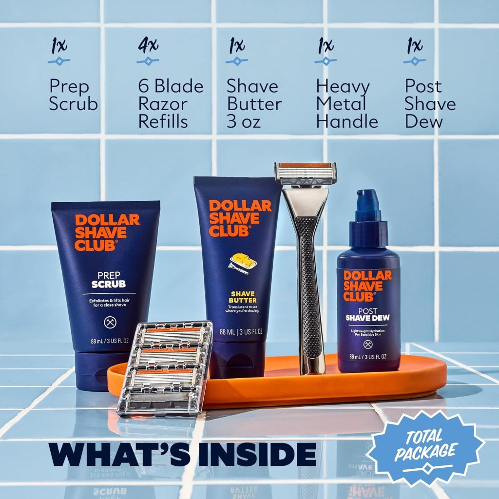 Dollar Shave Club Total Package Gift Set: 4 Refill Cartridges, 1 Handle, 1 Prep Scrub 3oz, 1 Shave Butter 3oz, 1 Post Shave Dew 3.4oz