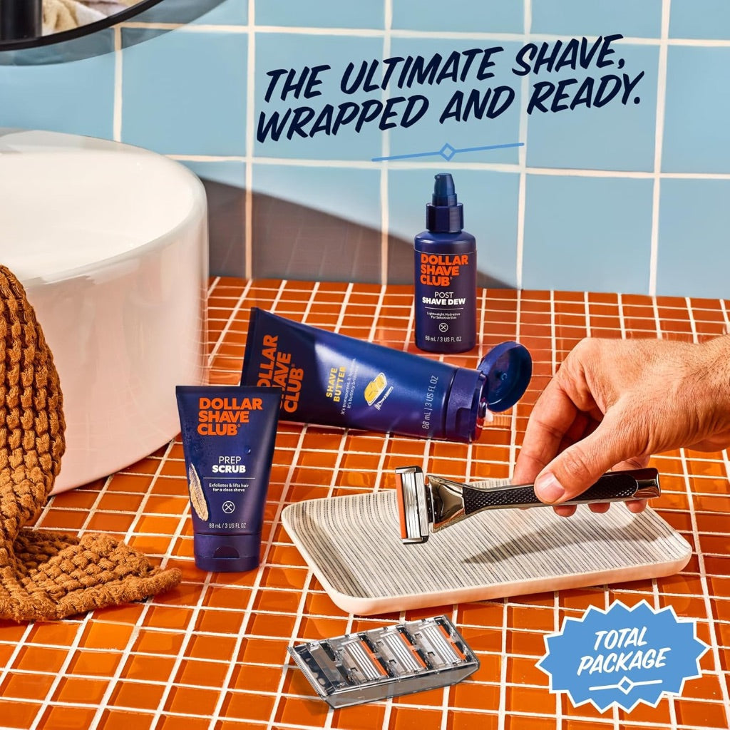 Dollar Shave Club Total Package Gift Set: 4 Refill Cartridges, 1 Handle, 1 Prep Scrub 3oz, 1 Shave Butter 3oz, 1 Post Shave Dew 3.4oz