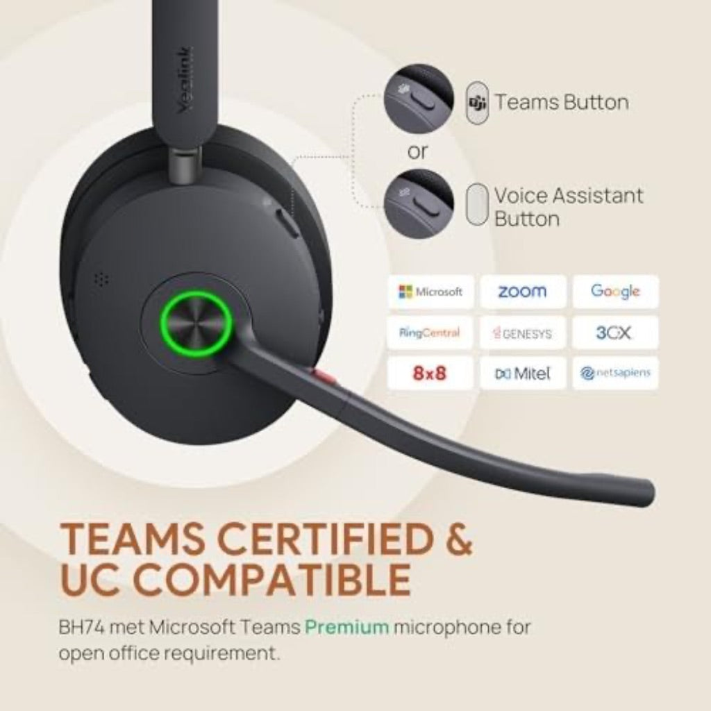 Yealink BH74 ANC Wireless Bluetooth Headset with Stand and Mic for Microsoft Teams Premium, Open Ofﬁce Certified, Zoom Certified