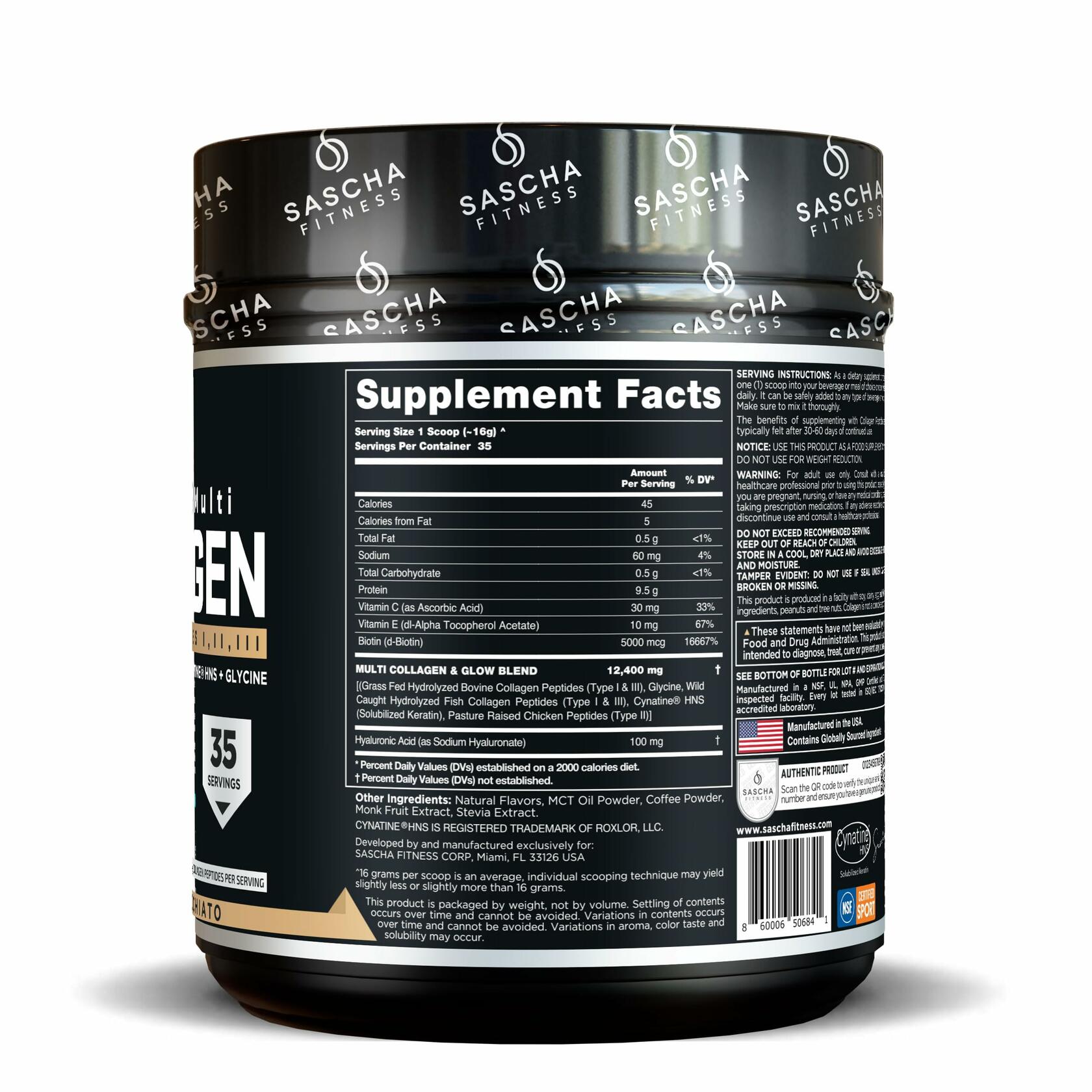 Sascha Fitness Hydrolyzed Multi Collagen Peptides Powder, Caramel Macchiato, 19oz