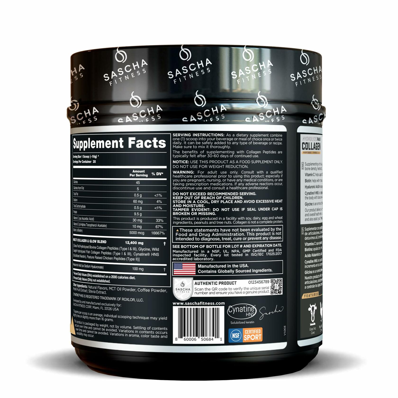 Sascha Fitness Hydrolyzed Multi Collagen Peptides Powder, Caramel Macchiato, 19oz