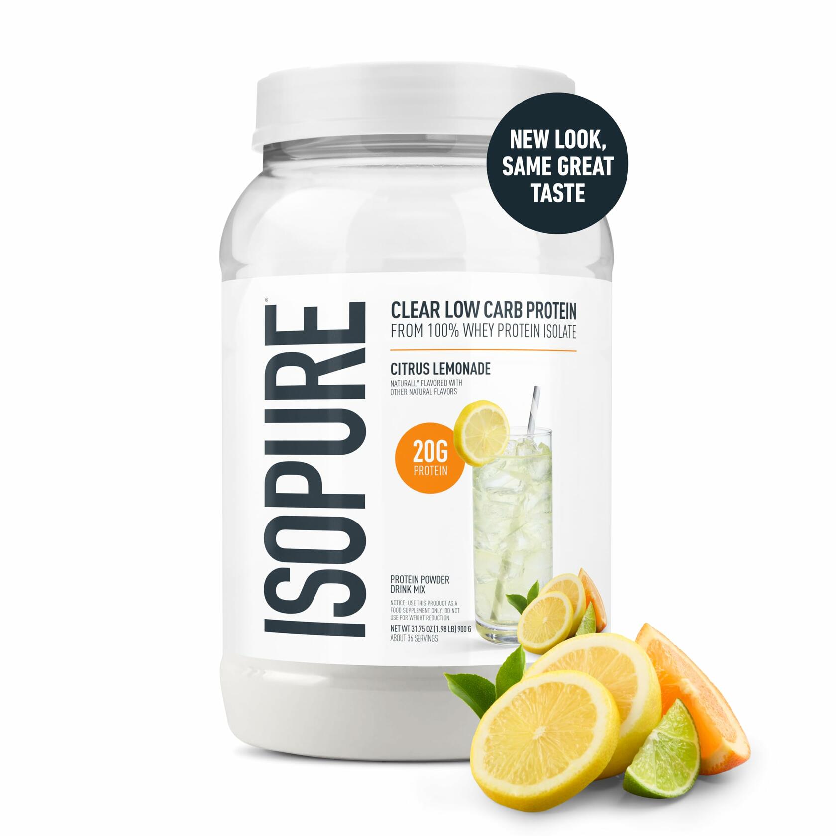 Isopure Clear Low Carb Whey Isolate Protein Powder, Citrus Lemonade, 1.98lbs (36 Servings)