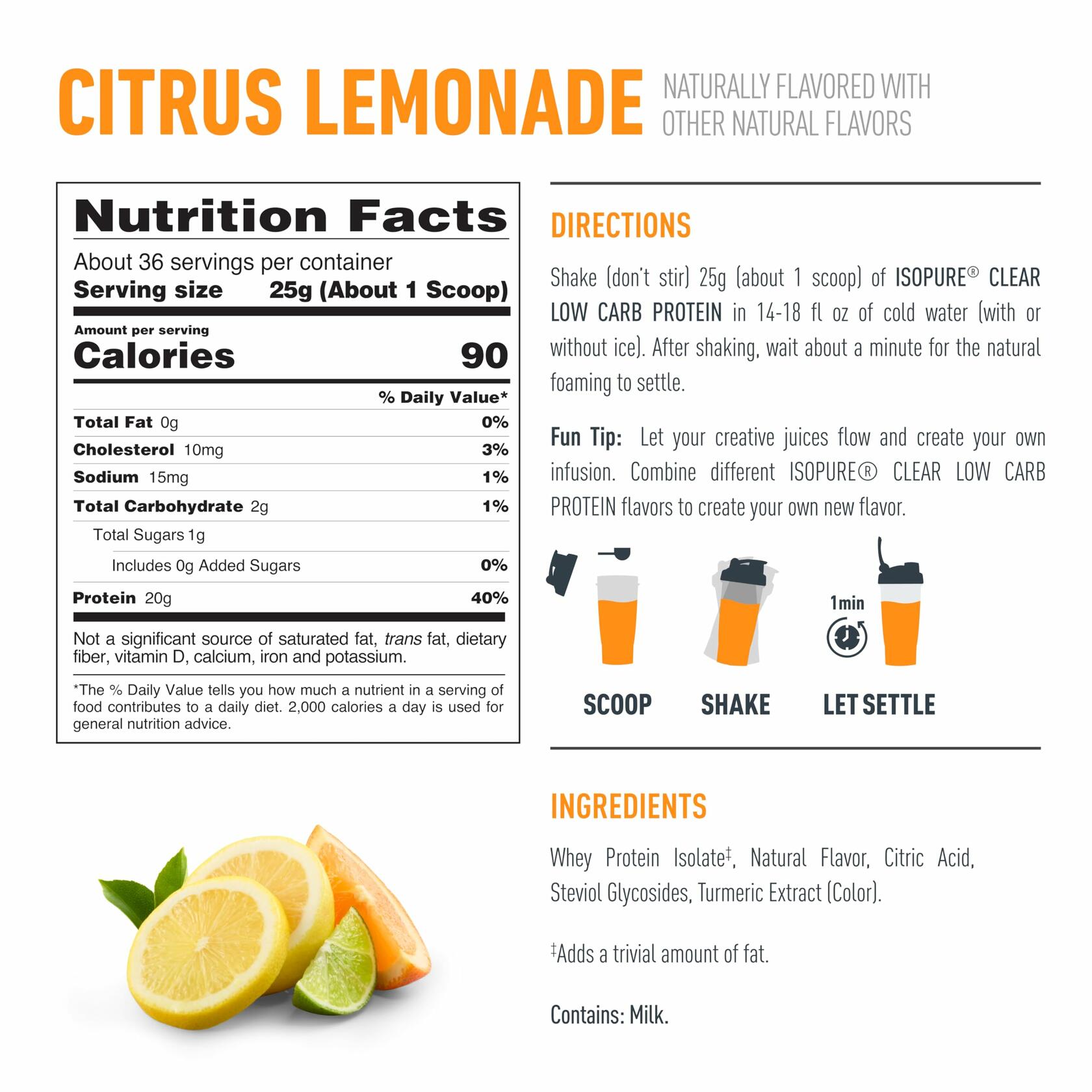 Isopure Clear Low Carb Whey Isolate Protein Powder, Citrus Lemonade, 1.98lbs (36 Servings)