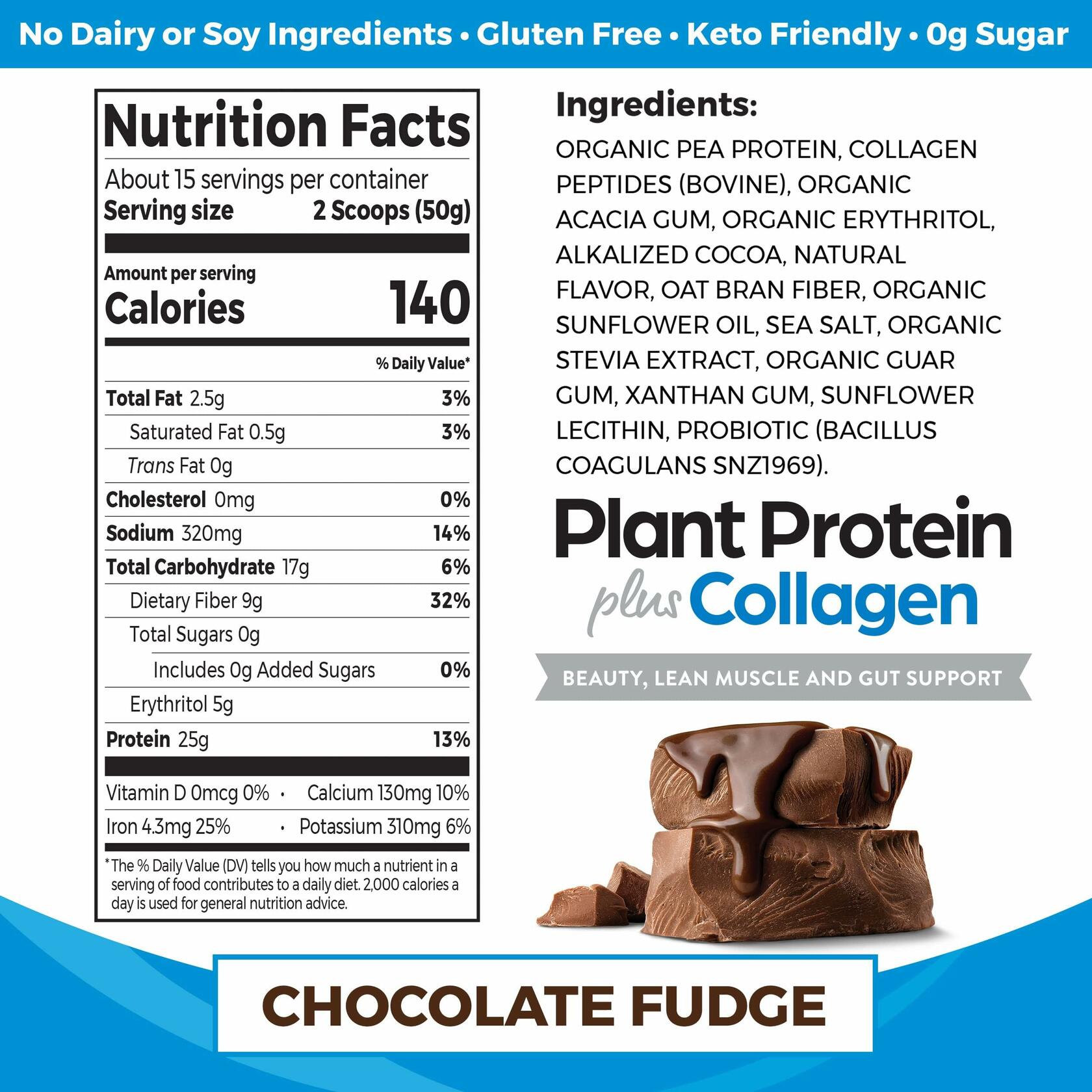Orgain Plant Protein + Collagen Powder, Creamy Chocolate Fudge, 1.6lb (15 Servings)