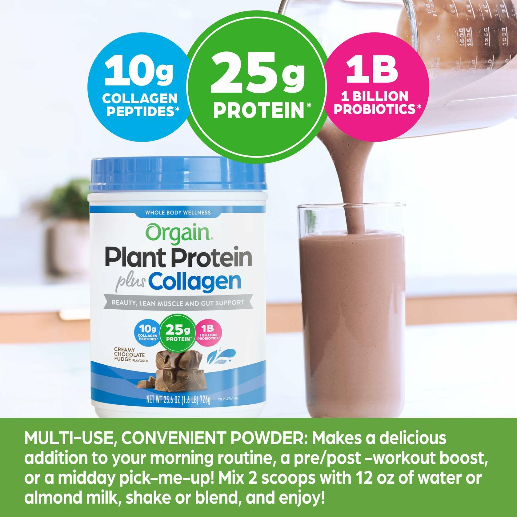 Orgain Plant Protein + Collagen Powder, Creamy Chocolate Fudge, 1.6lb (15 Servings)