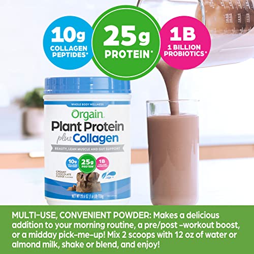 Orgain Plant Protein + Collagen Powder, Creamy Chocolate Fudge, 1.6lb (15 Servings)