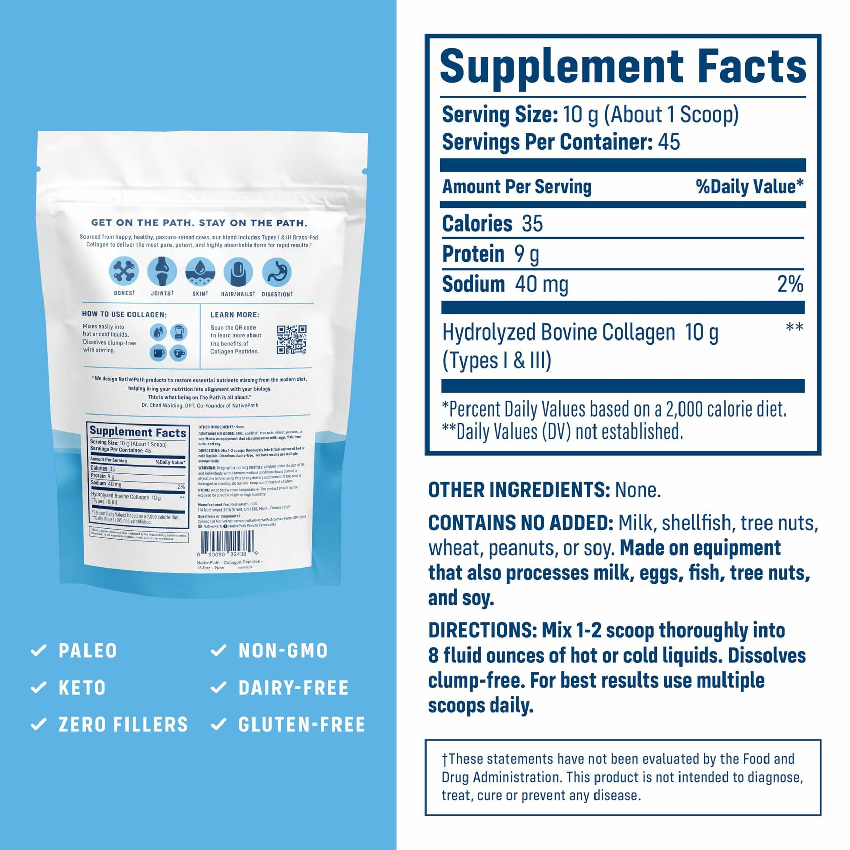 NativePath Collagen Peptides Powder, Type 1 & 3, Unflavored, 15.9oz (45 Servings)