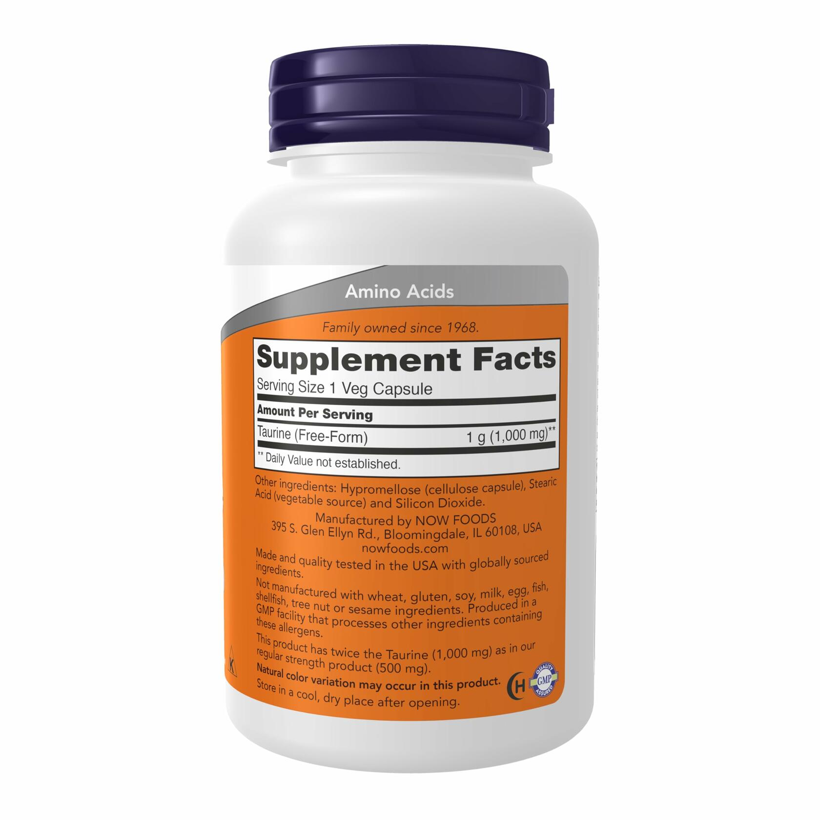 NOW Foods Double Strength Taurine 1000mg for Nervous System Health - 100 Capsules