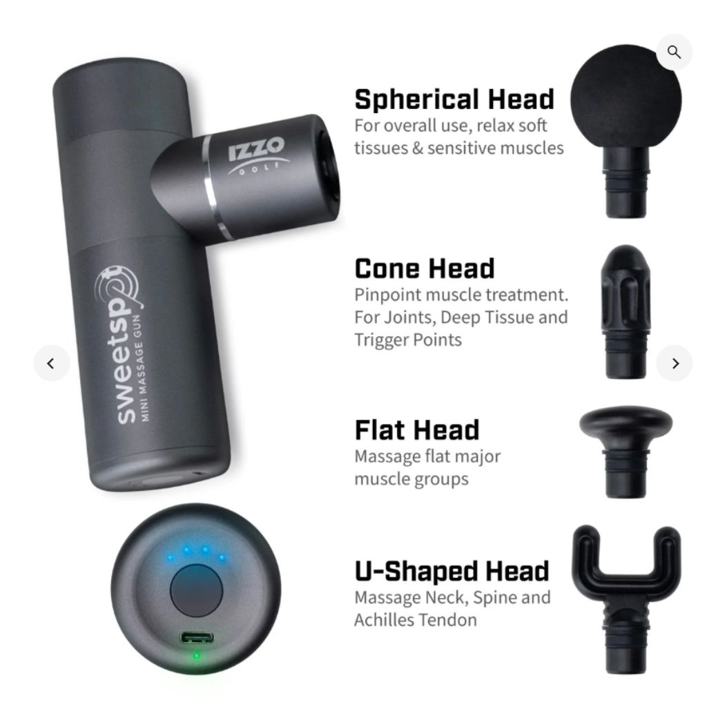IZZO Golf SweetSpot Mini Massage Gun A30460, 4 Speeds, 4 Attachments