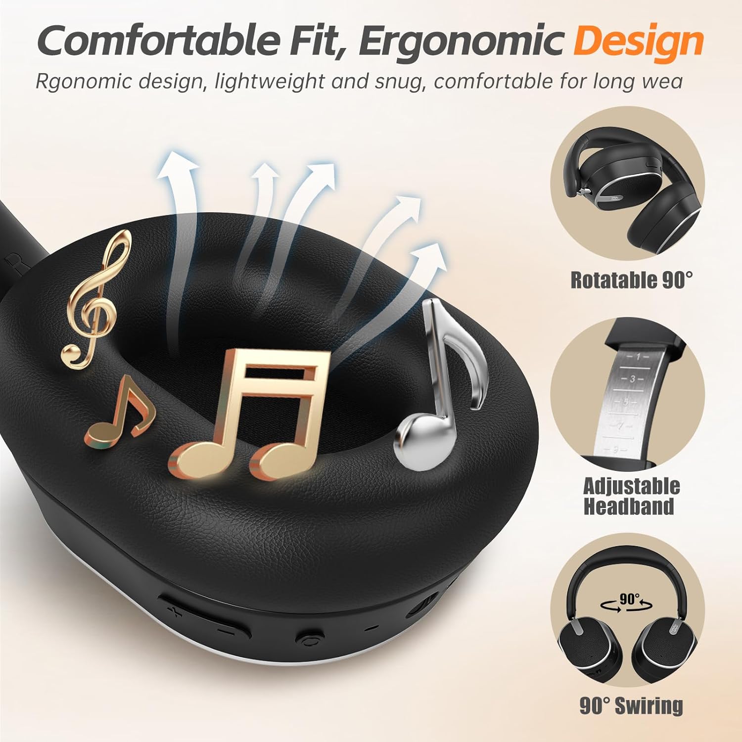 Hybrid Active Noise Cancelling Bluetooth Headphones, Over Ear Wireless Headphones with 60Hrs Playtime - Black