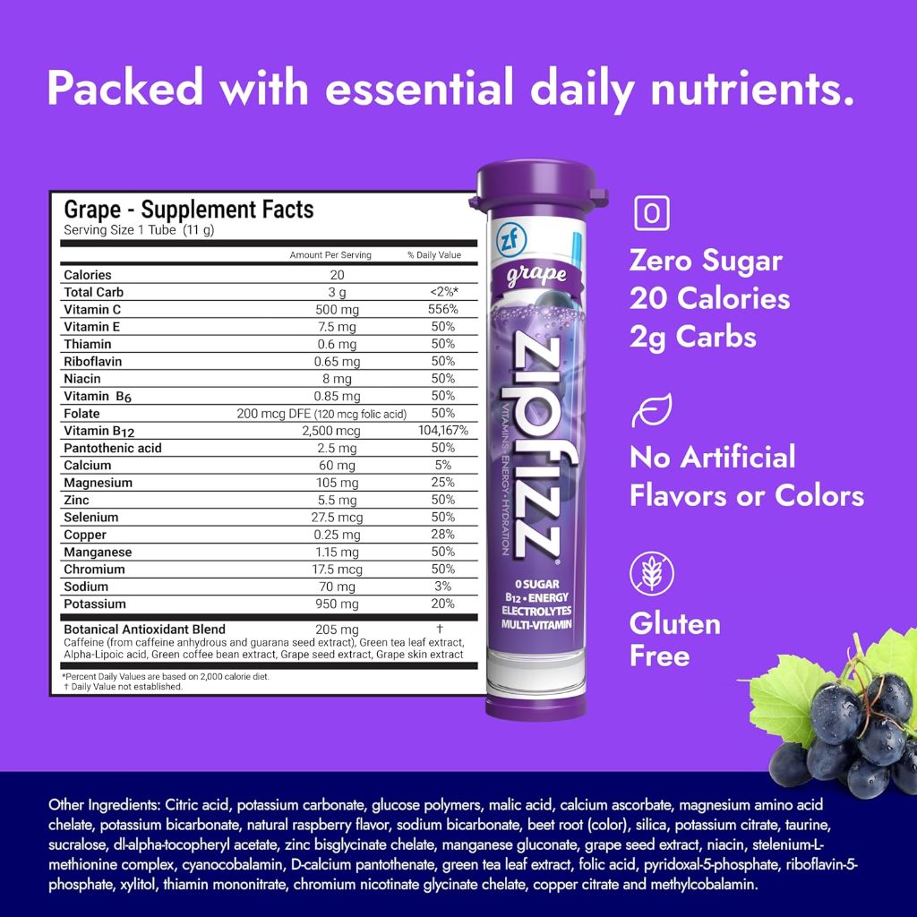 Zipfizz Energy Drink Powder Mix - Grape, 20 Tubes