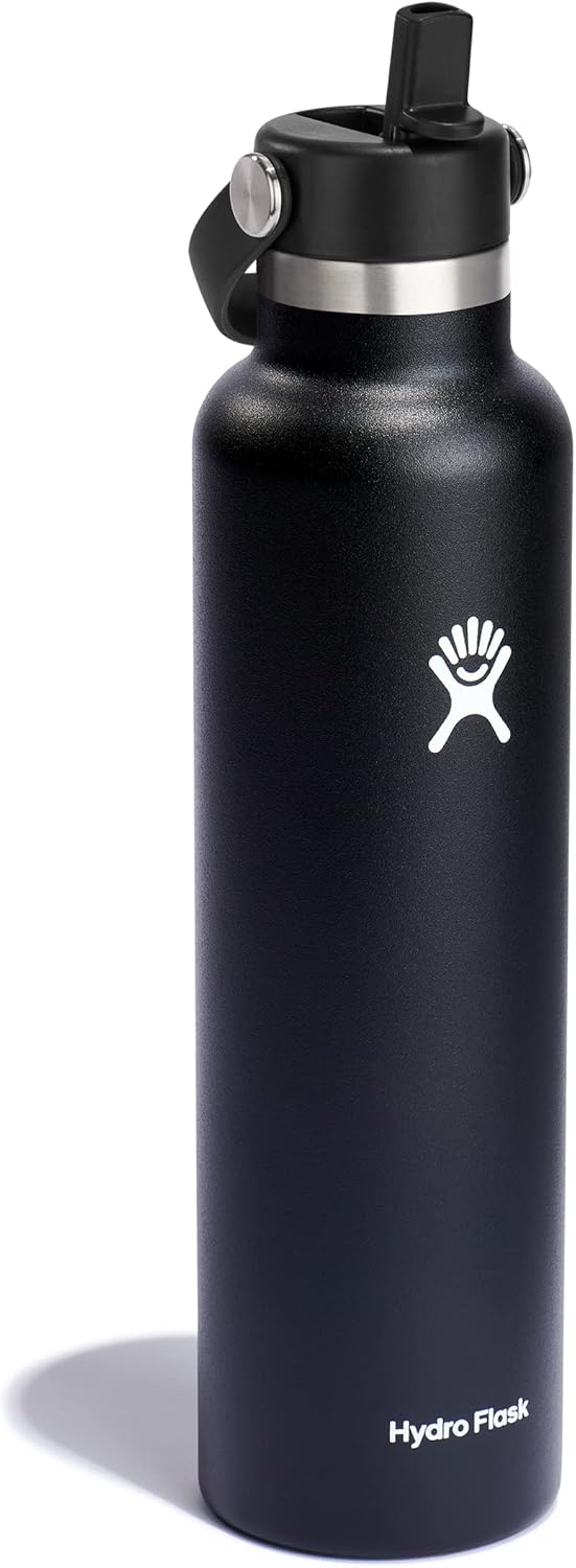 Hydro Flask Insulated Stainless Steel Waterbottle with Straw Lid, 24oz - Black