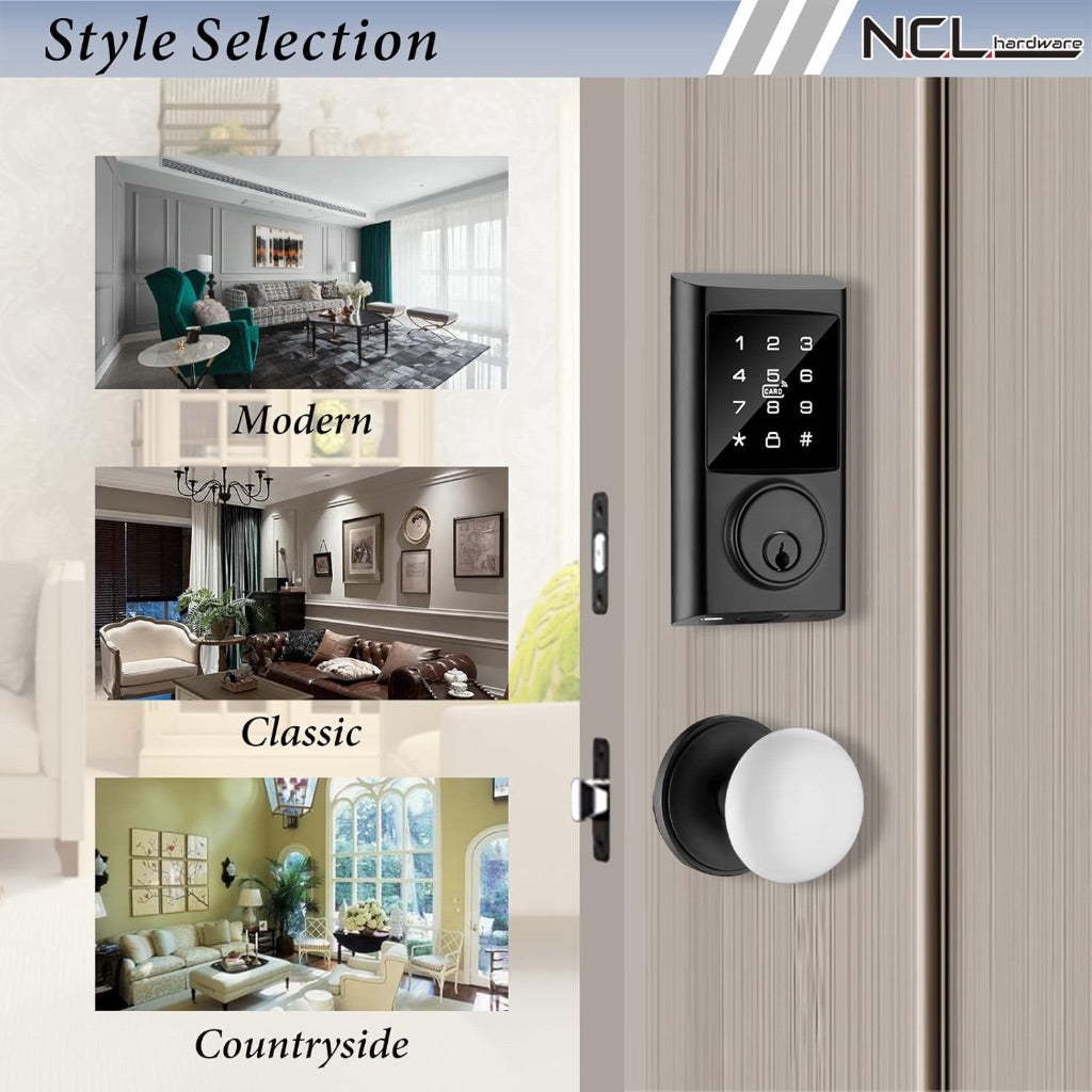 Smart Digital Door Lock Set with Code, Electronic Fingerprint Door Knob with Keypad, Black with Ceramic Knob