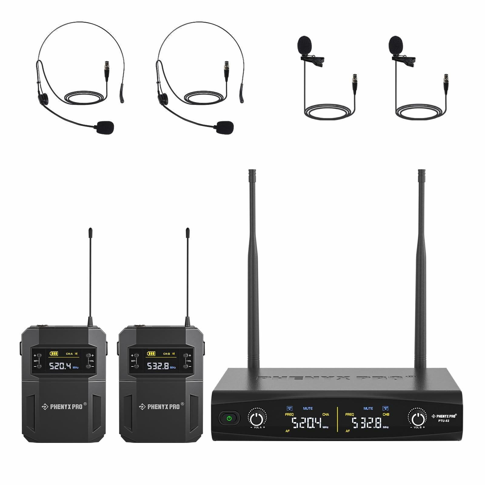 Phenyx Pro UHF Wireless Microphone System 2x30 Tunable Frequencies (PTU-52-2B)