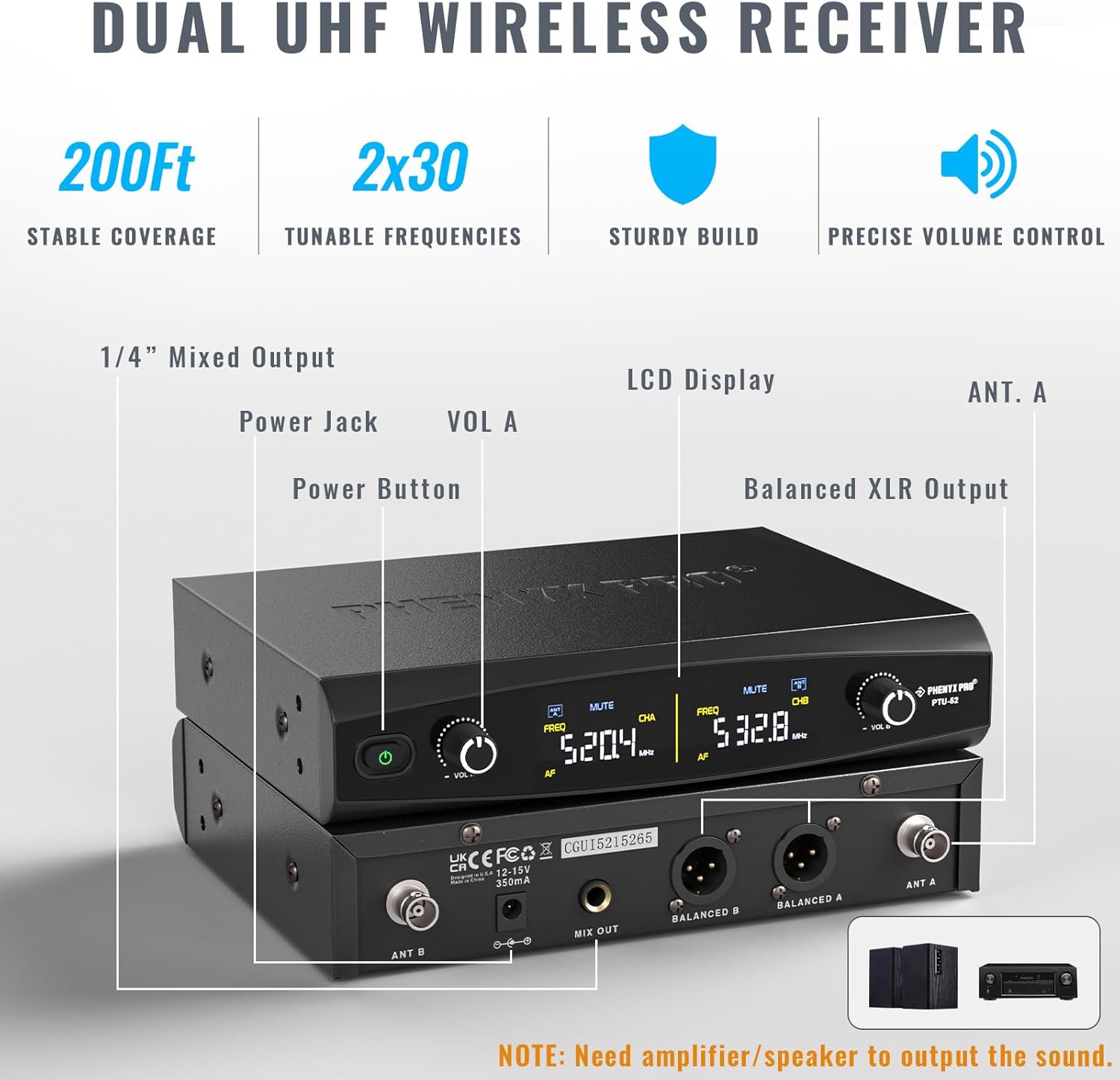 Phenyx Pro UHF Wireless Microphone System 2x30 Tunable Frequencies (PTU-52-2B)