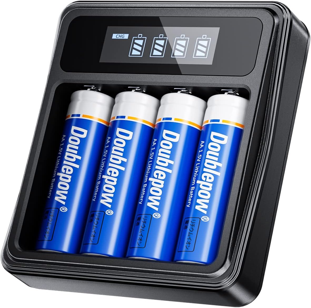 4-Bay LCD Battery Charger (USB-C) with Rechargeable Lithium Batteries, AA Batteries (8ct)