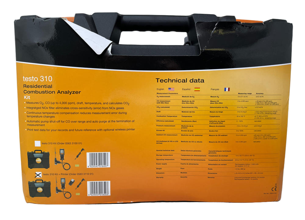 Testo 310 Residential Combustion Analyzer Kit with Wireless Printer (0563 3110 01)
