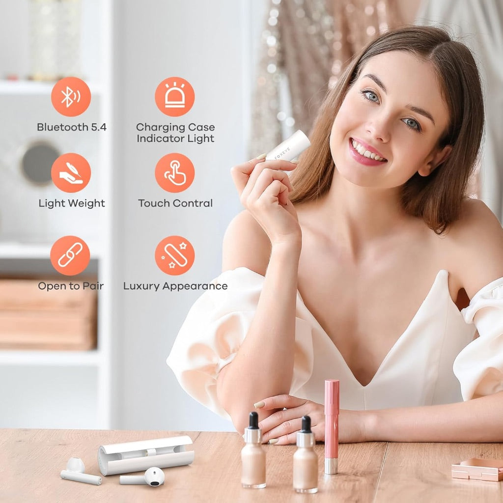 Foxeye S8000 Wireless Earbuds w/Charging Case, Bluetooth 5.4, Touch Control, White