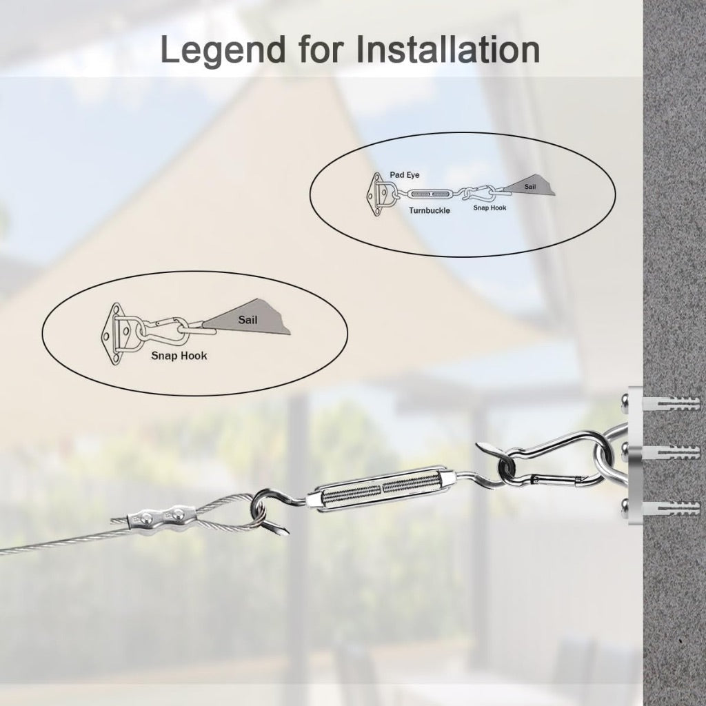 Sun Shade Hardware Kit for Rectangle and Square Sun Shade Sails Installation,5 inch Anti-Rust Sail Shade Hardware Kit with 30 ft 1/8 OD Heavy Duty Cable Wire Ropes